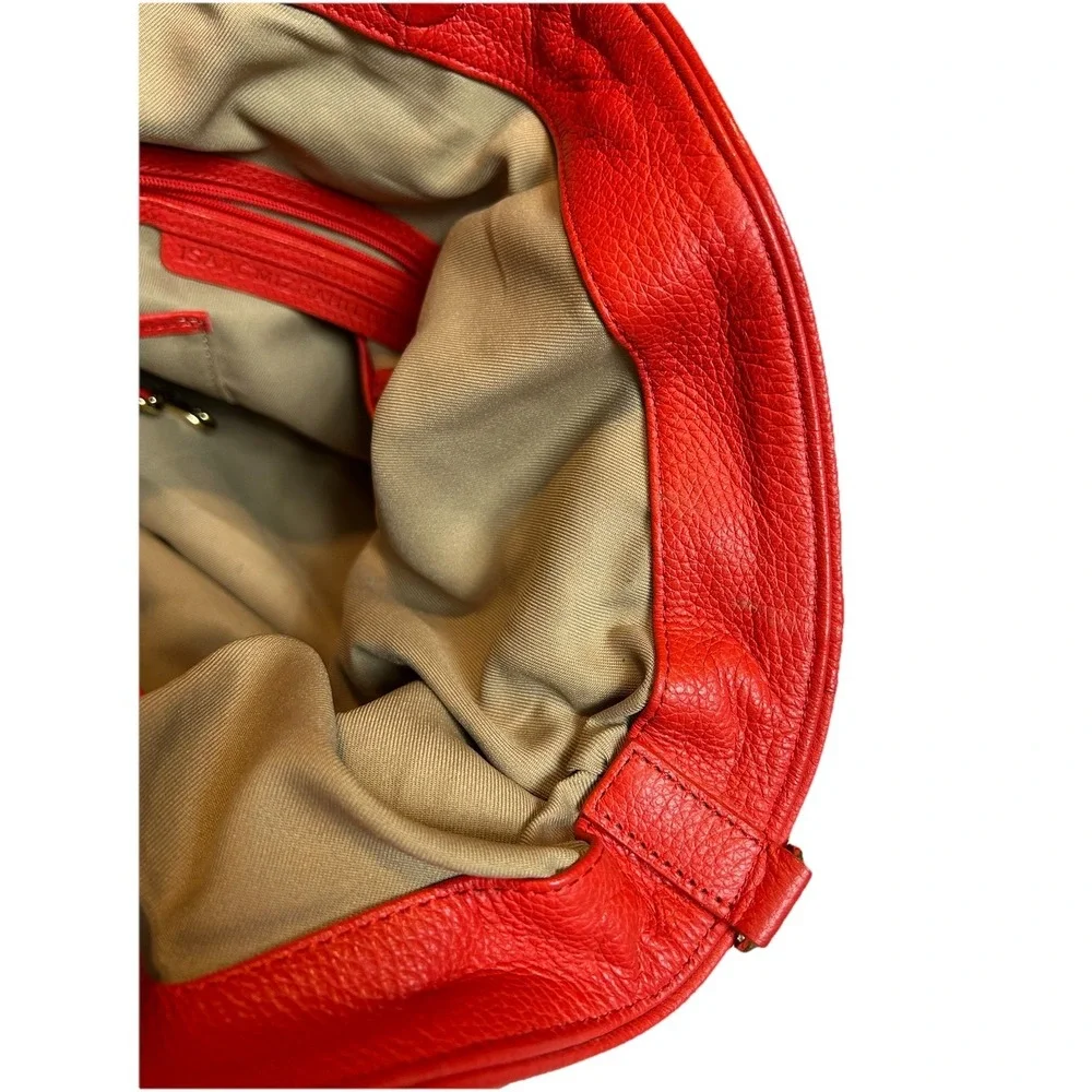 Isaac Mizrahi Live! Red Pebbled Leather Large Tote Hobo Bag Drawstring Gold Feet